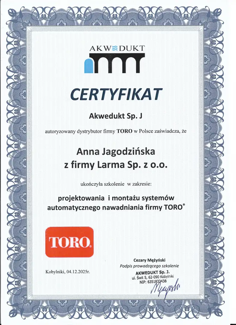 Projektowanie i montaż systemów automatycznego nawadniania firmy Toro-Larma Wrocław