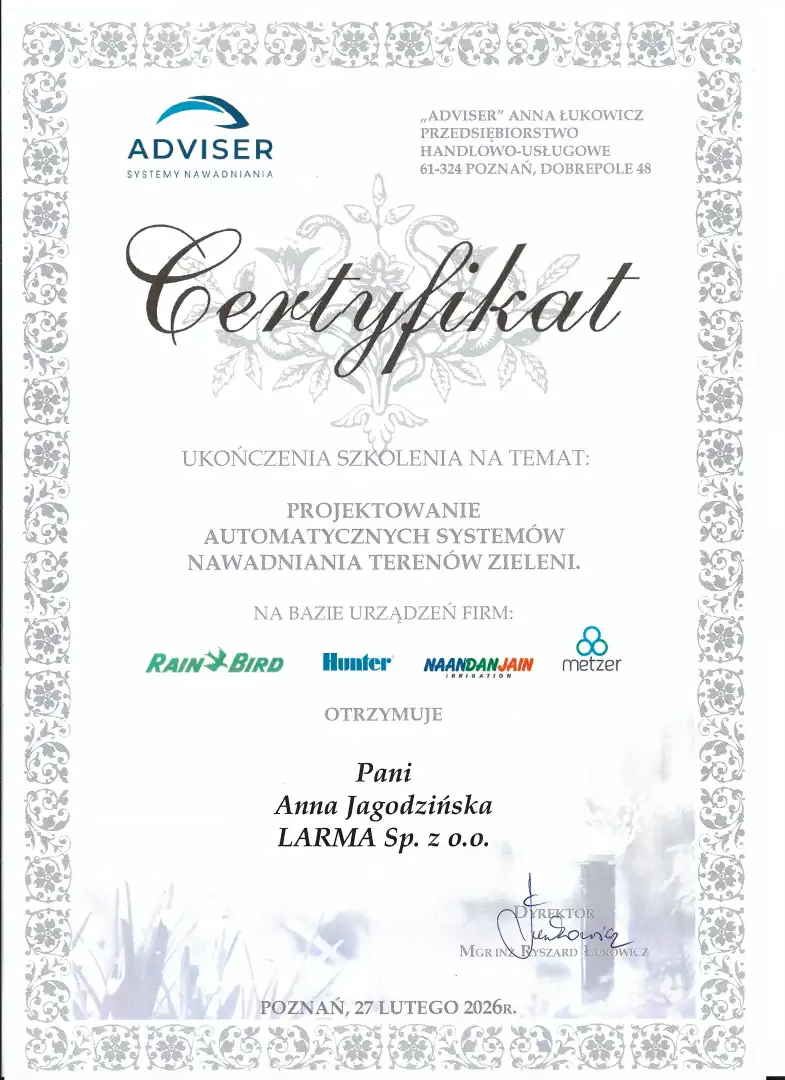 Projektowanie i montaż systemów automatycznego nawadniania terenów zieleni-Larma Wrocław